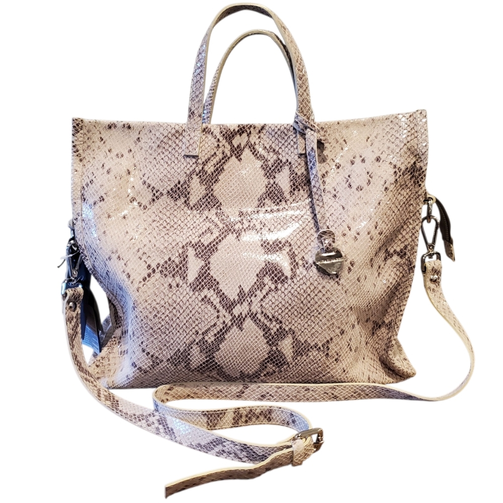 Snake-Print Cream Tote Bag with Crossbody Strap